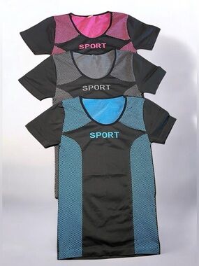 Set of 3 SPORT Graphic Active Tee - Black with Pink, Gray, and Blue Accents